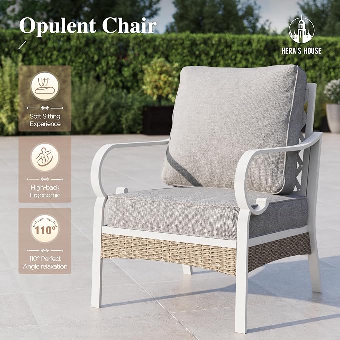 HERA'S HOUSE 6 Piece Metal Patio Furniture Set, All Weather Outdoor Conversation Set with 3-Seat Sofa, 4 Fixed Chairs & Coffee Table, 7 Seats for Backyard, Garden, Deck, White/Grey