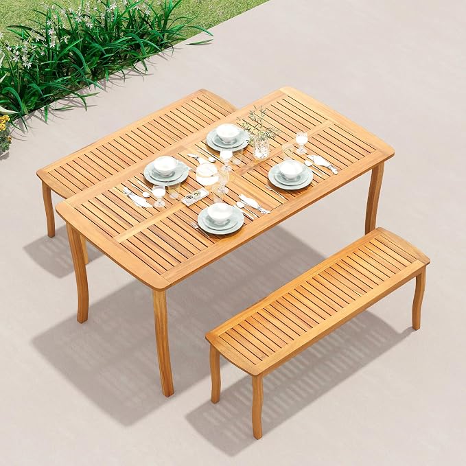 RELAX4LIFE 63’’ Wooden Outdoor Dining Table - Acacia Wood Rectangular Patio Table for 4-6 People w/Umbrella Hole & Slatted Tabletop, Farmhouse Furniture for Pool Backyard Garden Porch (Curved Leg)