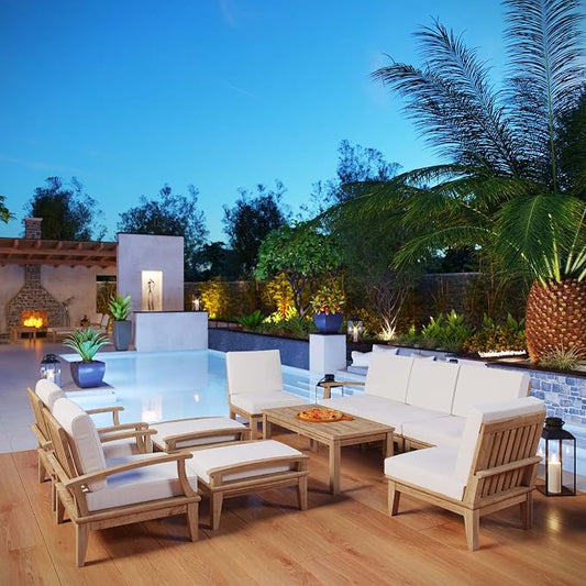 Modway EEI-1480-NAT-WHI-SET Marina Premium Grade A Teak Wood Outdoor Patio Furniture Set, 10 Piece, Natural White