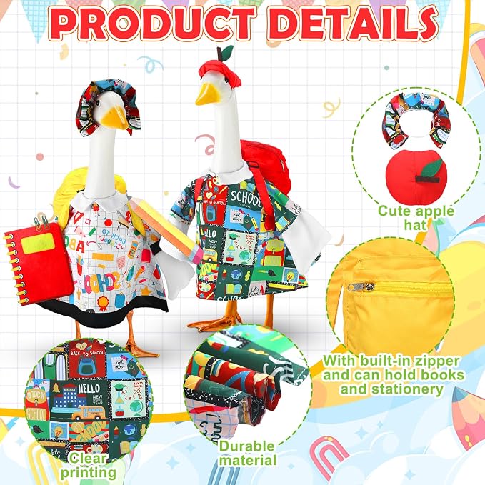 Abbylike 2 Set Back to School Porch Goose Outfit First Day of School Yard Goose Costume Clothes with Bag Pencli and Notebook Fits Large 23'' Cement for Garden Pathway Statue Decor