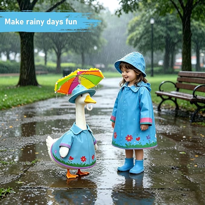 3 Pcs/Set Floral Raincoat Porch Goose Outfits: Blue Lawn Goose Statue Rain Coat Costume with Umbrella Hat - Summer Yard Goose Clothes for 23 Inch Goose Statue - Patio Garden Porch Lawn Outdoor Decor