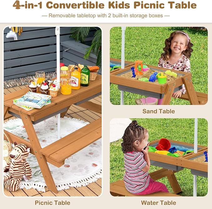 KOTEK Kids Picnic Table, 4 in 1 Sand and Water Table w/Detachable Tabletop, 2 Removable Play Boxes, Foldable & Height Adjustable Umbrella, Wood Sensory Table and Bench for Outdoors, Indoors (Colorful)