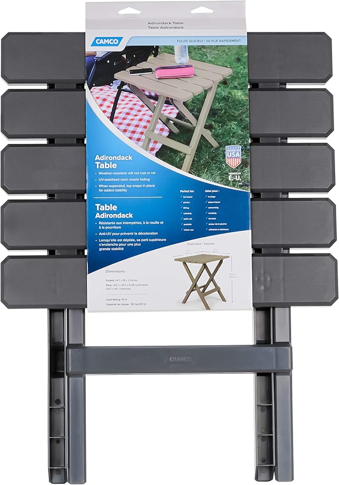 Camco 51885 Large Adirondack Portable Outdoor Furniture Folding Table, Charcoal