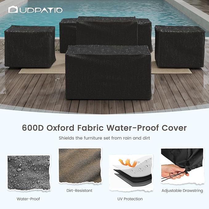 UDPATIO Aluminum Patio Furniture Set, Faux Wood Grain Modern Outdoor Furniture, 6" Cushions Metal Patio Conversation Sofa with Fire Table for Poolside Deck, 8 PCS, Beige(Include 600D Covers)