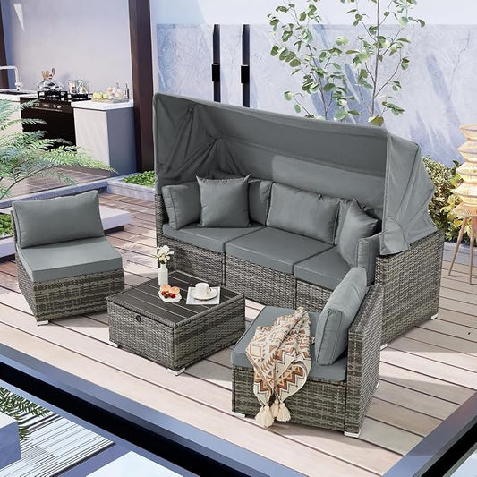 6-Piece Outdoor Patio Furniture Set with Retractable Canopy, Grey Rattan Sectional Sofa with Adjustable Backrest, Conversation Set for Garden Deck Backyard Lounge Area(Gray)