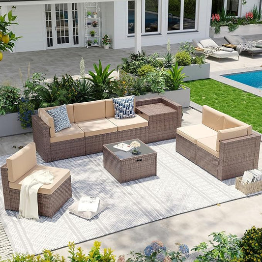 Aoxun 8-Piece Patio Furniture Set, Wicker Outdoor Sectional Sofa with Large Storage Table & Waterproof Cover, Patio Conversation Set for Backyard and Garden (Brown/Khaki)