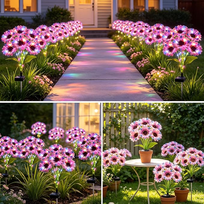 Solar Garden Lights Outdoor, 6 Pack Solar Multicolor Sunflower Lights with 18 Head 3.5 Inch Flowers, Waterproof Flowers Light Fall Decor Auto ON/Off for Garden Yard Patio, Gifts for Mom Women