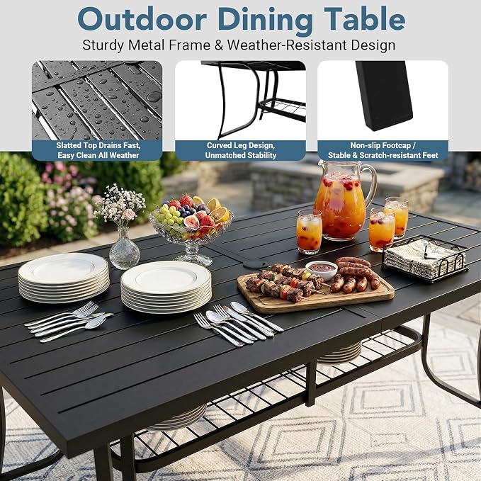 Outdoor Patio Dining Sets 9 Pieces, Large 77" Rectangular Metal Dining Table with Umbrella Hole & 8 Stackable Chairs, Weather Resistant Garden Furniture Set for Backyard, Deck, Porch