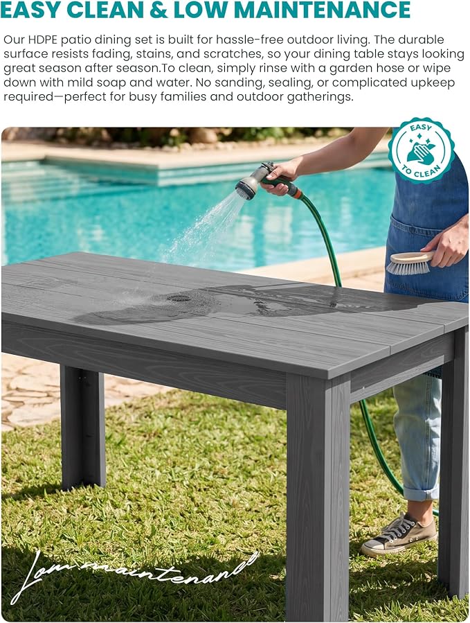 SERWALL 59" HDPE Outdoor Dining Set for 6, w/ 1 Table & 6 Armchairs, Gray | All Weather Resistant HDPE Dining Sets for Patio, Garden, Backyard