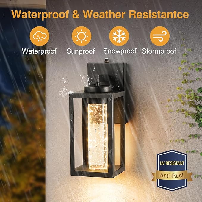 VIANIS 2 Pack Exterior Garage Lighting Fixtures Wall Mount, Modern Black Outdoor Porch Lights for House with Crystal Bubble Glass, 100% Aluminum Built-in 10W LED Outdoor Wall Sconce Lights Lantern