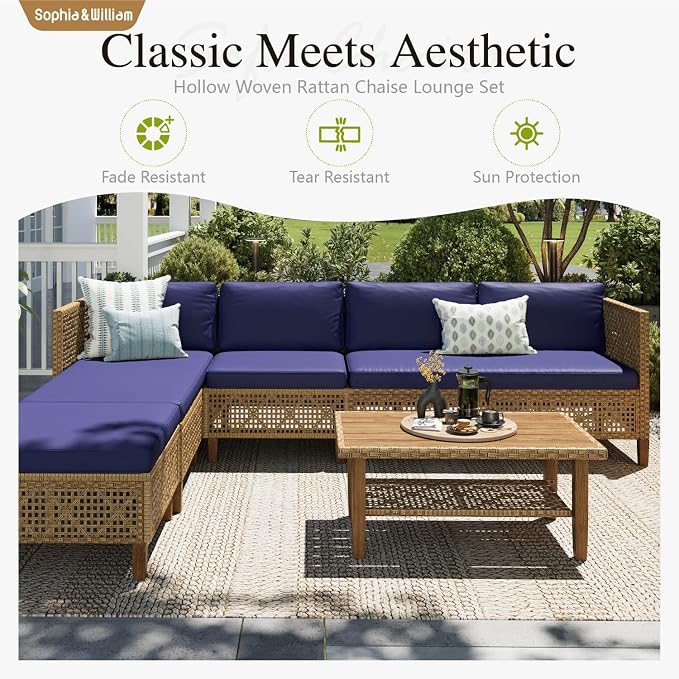 Sophia and William Wicker Patio Furniture Set, Boho Outdoor Conversation Set Rattan Sectional Sets with Acacia Wood Coffee Table for Garden, Porch, Deck(4 Seats, Navy Blue)