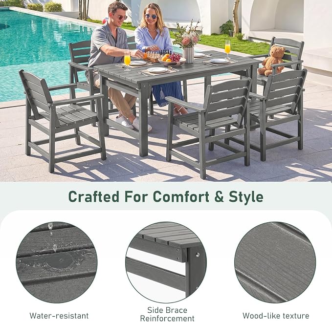 Furnimart Outdoor Dining Table for 4-6 Person, 67" HDPE All-Weather Dining Table with Umbrella Hole, Oversized Patio Dining Set, Outdoor Furniture for Backyard, Garden, Lawn & Poolside, Rectangle Grey