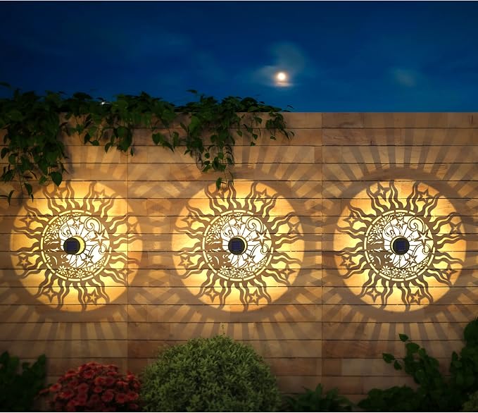gardencave 4 Pack Solar Fence Lights Metal Solar Powered Outdoor Wall Deck Lights Sun Moon Theme Waterproof Fence Light for Garden Post Patio Backyard Yard Decor (Face, 4 Pack)