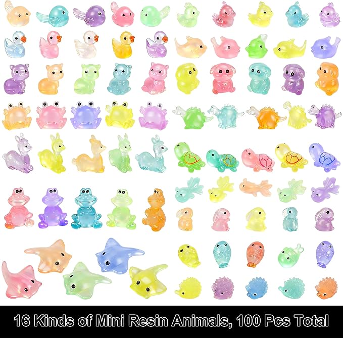 QUMMFA 100 Pcs Mini Resin Animals Glow in The Dark Tiny Ducks to Hide, Luminous Small Animal Figurines Bulk for Aquarium Decorations, Various Animals with a Storage Box, Fairy Garden Accessories