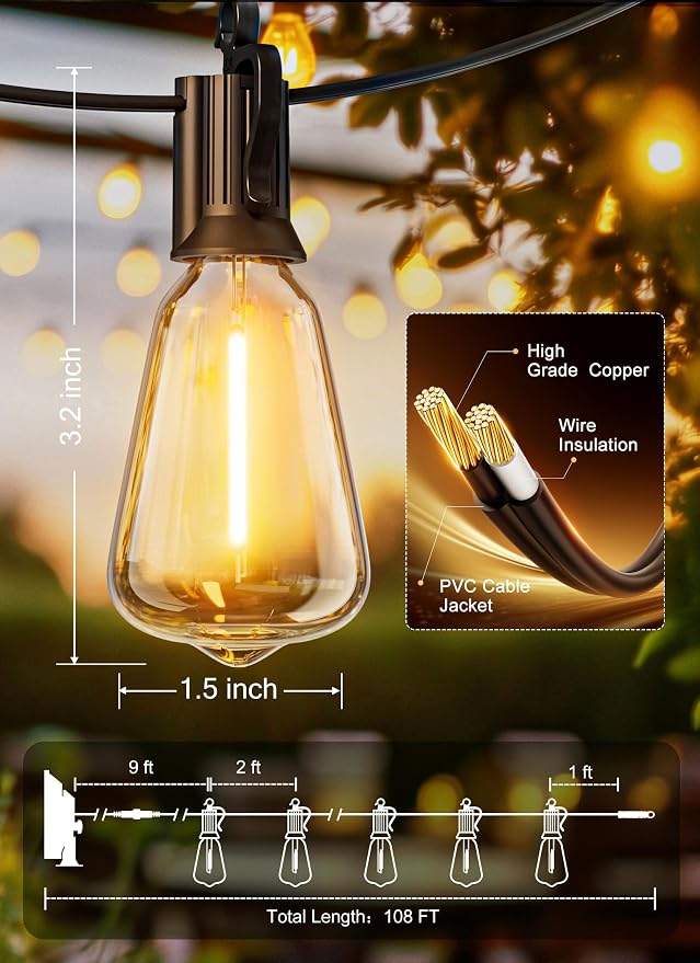 Brightown 108FT Solar String Lights Outdoor, 50+2 Shatterproof LED Lights | Waterproof, Remote Control, Dimmable, Timer, 3 Light Modes, Commercial Grade Patio Lights for Garden, Backyard, Party Decor