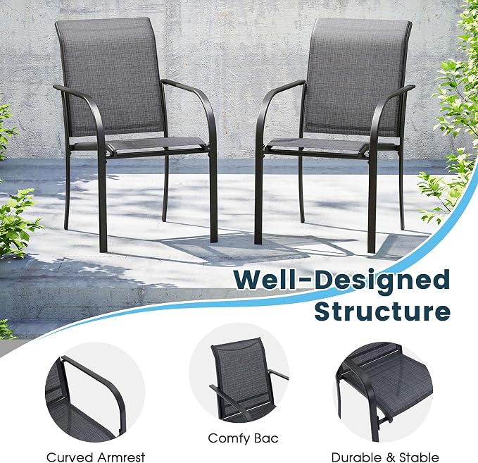 9 Pieces Patio Dining Set, 71" Rectangular Dining Table with Umbrella Hole, 8 Stackable Textilene Fabric Chairs, Metal Structure for Patio, Porch, Garden(Grey Table, Grey Chair)