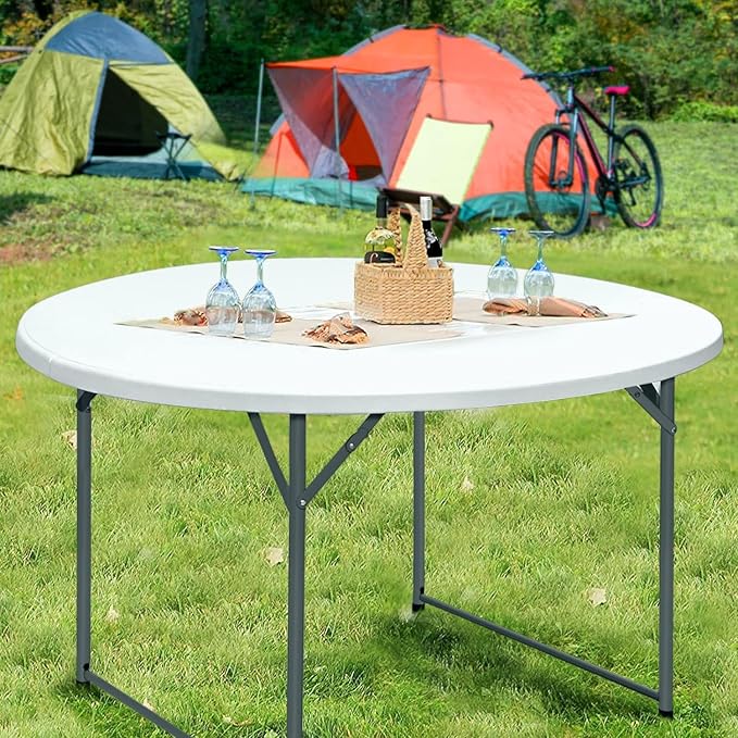 4FT Round Folding Table 48 Inch, Bifold Plastic Dining Table for Wedding, Party, Garden, Patio