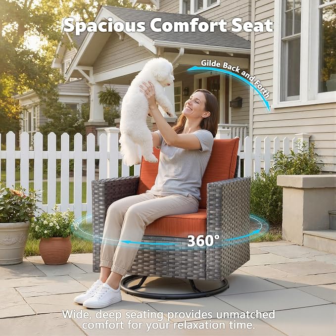 CAODOC 7 Pieces Outdoor Wicker Patio Set with 7 Seats, Including 53" Fire Pit - Swivel Rocker Chairs and Conversation Set for Backyard or Lawn, Gray Rattan with Waterproof Red Cushions