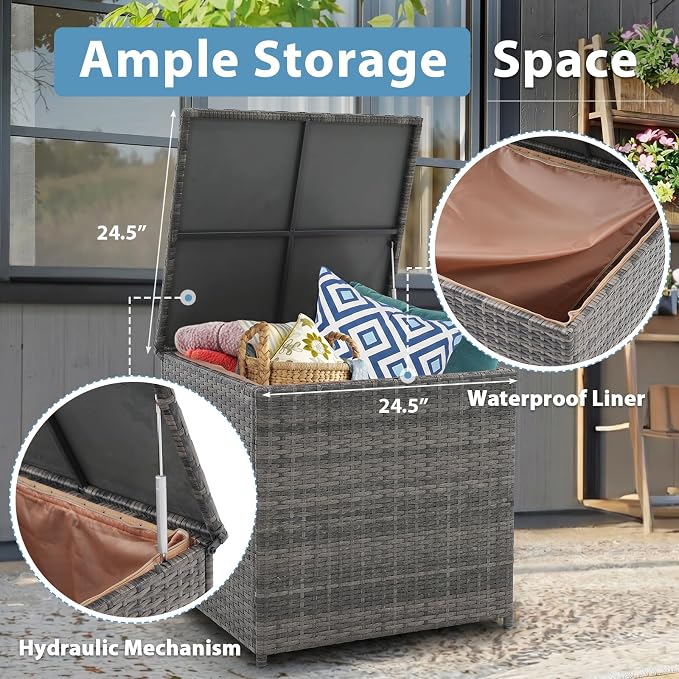 JOIVI 8 Pieces Outdoor Patio Furniture Set with Height-Adjustable Lifting Dining Table, Wicker Sectional Furniture Sofa Set with Storage Box, Patio Conversation Set for Backyard, Deck, Gray