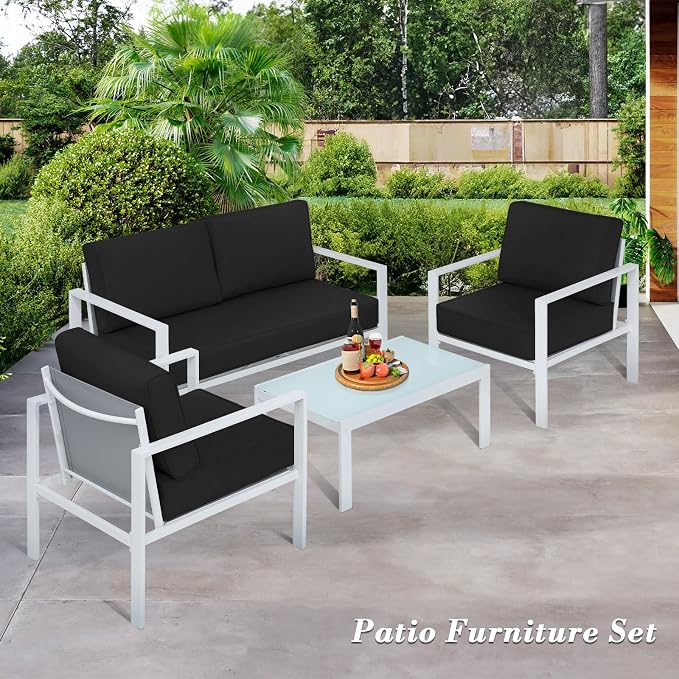 Athena Collection Patio Bistro Set Table and Chairs Set of 4, Outdoor Furniture Set Heavy Duty Conversation Sets Metal Loveseat with Upholstered Seat and Cushions, Black