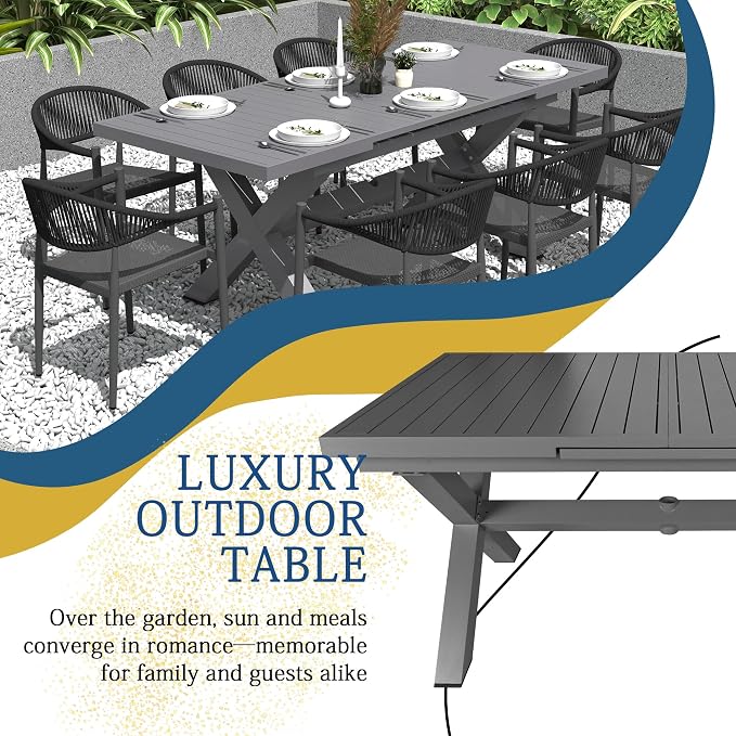83'' 32'' Extendable Outdoor Dining Table for 6-8, Aluminum Frame with Umbrella Hole for Patio, Garden, Backyard, Deck, Poolside (Dark Gray)