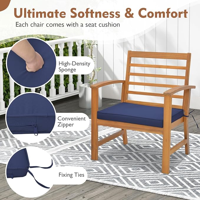 Tangkula 3 Pieces Outdoor Furniture Set, Acacia Wood Conversation Set with Soft Seat Cushions, Stable Acacia Wood Frame, Patio Sofa & Coffee Table Set for Backyard, Porch, Poolside (Navy)