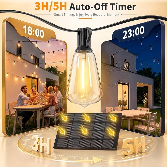 Hotsonic Solar Outdoor String Lights Waterproof, 50FT Remote Control LED Outside Lights with Shatterproof Bulbs, Dimmable Hanging Lights for Patio Porch Garden pergola Yard House Bistro Party decors ﻿