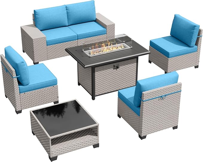 7-Piece Outdoor Patio Furniture Set with Fire Pit, Modular Sectional Sofa Set with Glass Coffee Table and Cushions, Wicker Outdoor Couch Conversation Sets, Turquoise