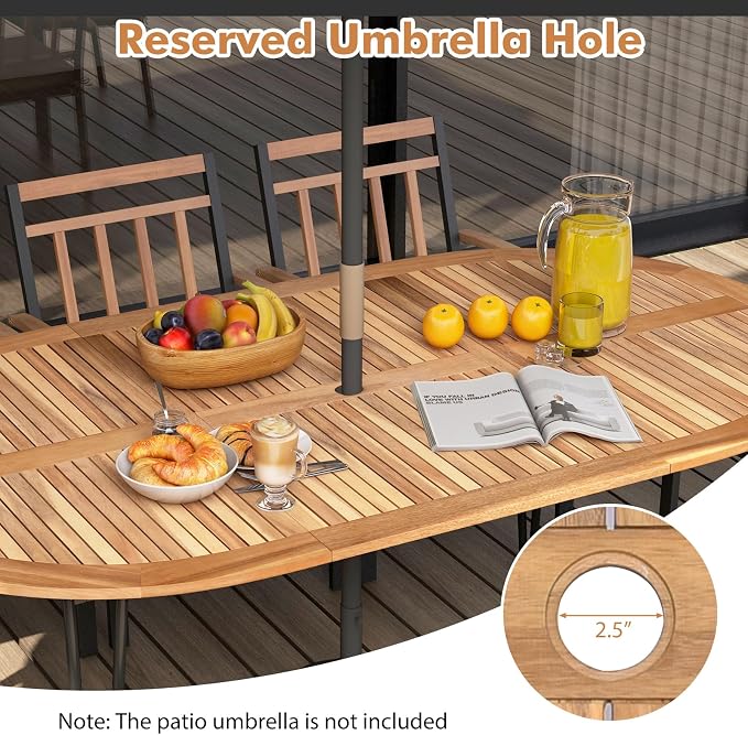 Tangkula 9 Pieces Outdoor Dining Set, Patio Furniture Set with Acacia Wood Top & Umbrella Hole, Metal Frame, Armchairs with Removable Cushions, Wood Dining Table & Chair Set for Yard, Garden, Deck