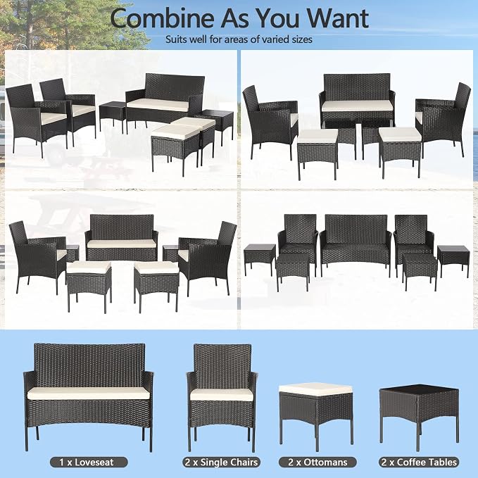 Tangkula 7 Piece Patio Rattan Sofa Set, Wicker Furniture Set with 2 Side Tables and 2 Ottomans, Solid Metal Frame, Soft Cushions, Outdoor Wicker Conversation Set for Front Porch, Poolside