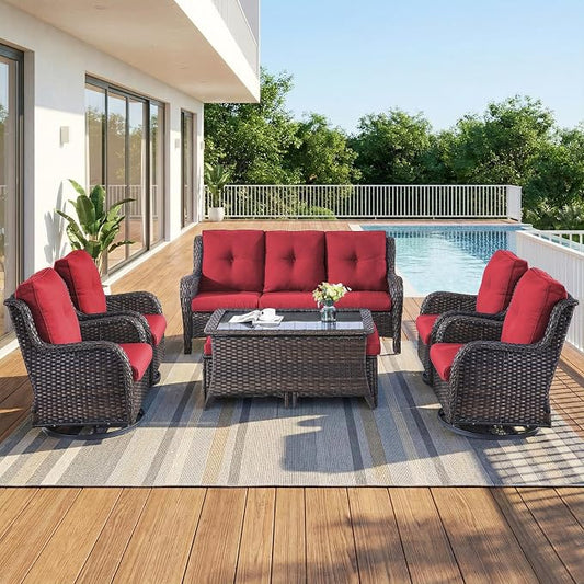 8 Piece High Back Wicker Patio Furniture Set - Patio Conversation Set with 4 Inch Thick Cushions and Deep Seating Swivel Glider Chairs Set of 4 & Outdoor Couch for Porch Deck Yard Pool