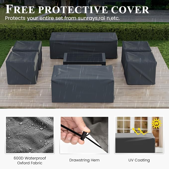 Aluminum Patio Furniture Set, 7 Piece Metal Outdoor Furniture Set, Patio Set with Waterproof Covers for Backyard Garden（Blue&Grey）