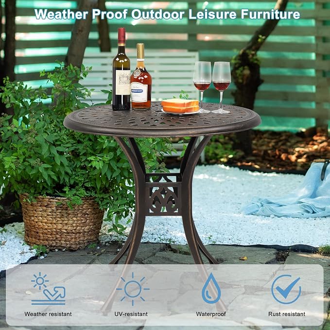 Patio Bistro Dining Table with Umbrella Hole,Cast Aluminum Backyard Bistro Round Table, Outdoor Garden Furniture Table