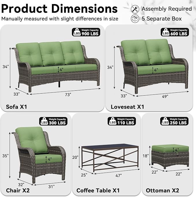 7 Piece Outdoor Wicker Patio Furniture Set, Patio Chairs Set with Thickened Olefin Cushions, High Back and Deep Seating, Hand-Woven PE Rattan, Ottoman for Porch, Deck