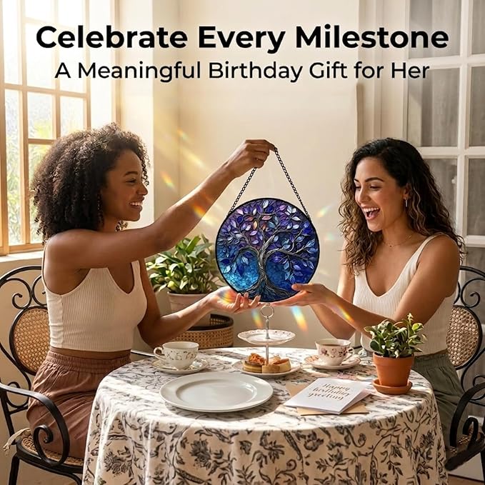 Birthday Gifts for Women - Blue Tree of Life Faux Stained Glass Window Hanging Sun Catcher for Door Garden Acrylic Decor Mother's Day Christmas for Mom Nana Grandma Sisters Wife 11.8"