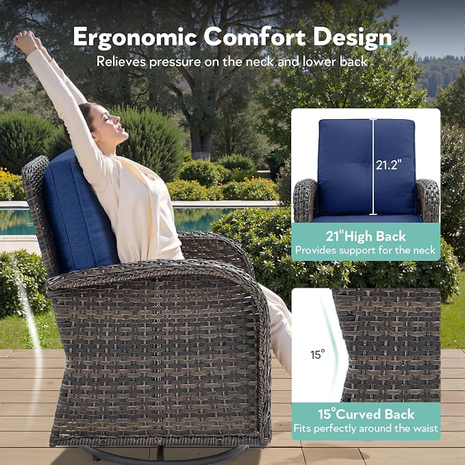 7 Piece Patio Furniture Set - Wicker Patio Conversation Set with Swivel Glider, 3 Seat Sofa, 2 Ottomans, Glass Side Table and Coffee Table for Deck Backyard - Brown Wicker Blue Cushion