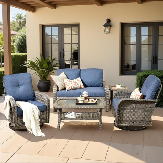 Weaxty Wicker Patio Furniture Set with Swivel Rocker Chairs Outdoor Loveseat Sofa and Rattan Coffee Table, 5 Pieces Outdoor Conversation Sets for Patio Porch Deck Backyard Poolside,Beige