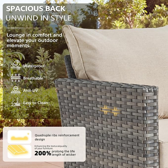 CAODOC 8-Piece Outdoor Wicker Patio Set with 9 Seats, Including 53" Fire Pit - Sectional Sofa and Conversation Set for Backyard or Lawn, Gray Rattan with Waterproof Beige Cushions