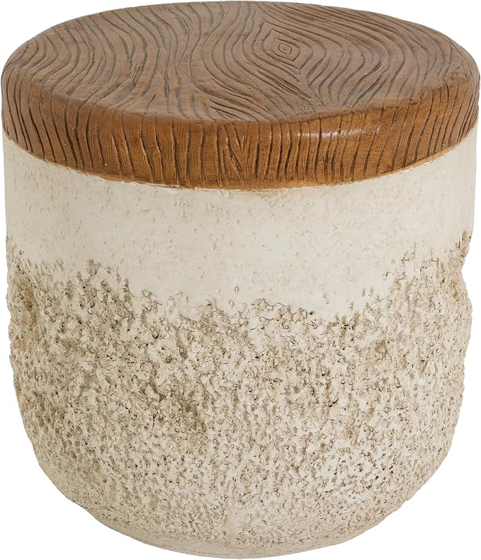 Outdoor Side Table, Modern Organic MGO Accent End Table for Patio, Living Room, Beige Tone Base with Faux Wood Grain Top
