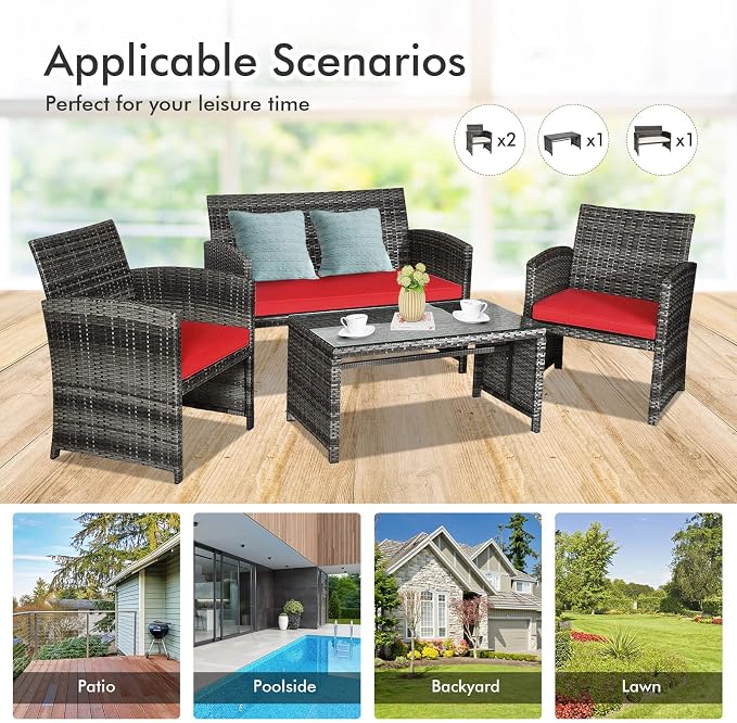 Outdoor Conversation Set, 8 Pieces Wicker Patio Chair Set with Ergonomic Curved Design, Water-Resistant Cushion & Tempered Glass Table for Porch, Poolside (Red)