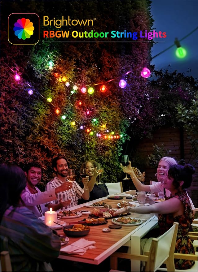 Brightown Outdoor String Lights 29 Feet G40 LED Patio Lights, RGB, Remote | 12 Plastic Edison Bulbs, Timer, Waterproof Connectable Outside Light for Backyard Porch Balcony Party Christmas Decoration