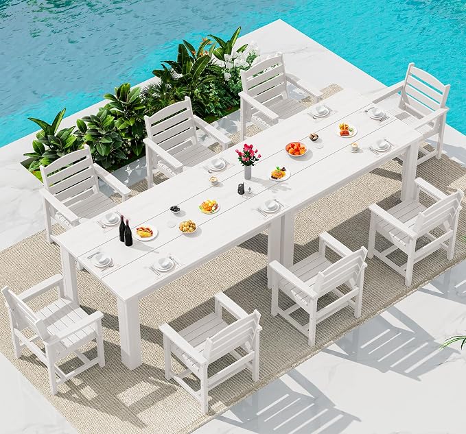 SERWALL Patio Dining Set for 8, w/ 2 Tables & 8 Armchairs, White | All Weather Resistant HDPE Dining Sets for Patio, Garden, Backyard