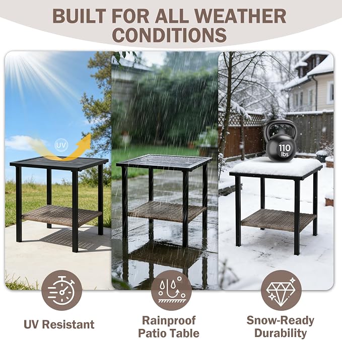 EAGLE PEAK Mojave Dusk Patio Side Table with Wood Grain Top and Wicker Shelf, Durable Weather-Resistant Outdoor Table for Balcony, Porch, Deck, or Garden, Small