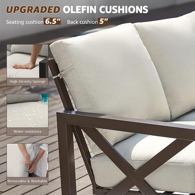 NATURAL EXPRESSIONS 4 Pieces Patio Furniture Sets,Outdoor Sectional Metal Furniture Conversation Set with Loveseat Chair,2 Single Chairs 1 Metal Table,6.5" Beige Cushions for Yard,Garden