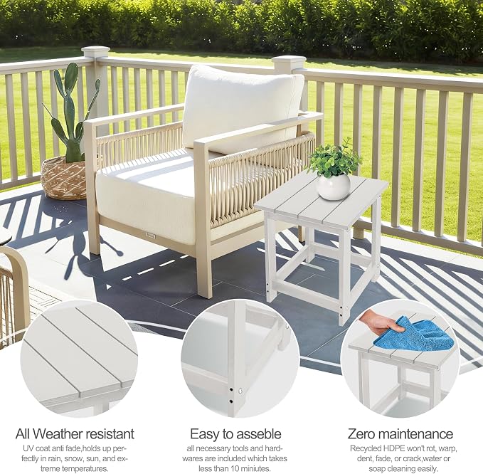 LZRS Square Patio Side Table, Heavy Duty HDPE Outdoor End Table with Wood Texture, Weatherproof Composite Table for Adirondack Chairs, Deck, Pool, Indoor/Outdoor, No Peeling or Cracking(Sand)