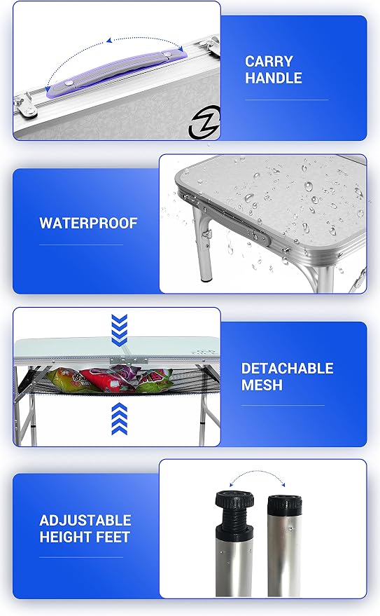Nice C Card Table, Folding Picnic Table, Small Table, Adjustable Height Folding Table, Camping, Outdoor, Portable Lightweight Aluminum, with Carry Handle for Beach, Indoor, Office (Medium)