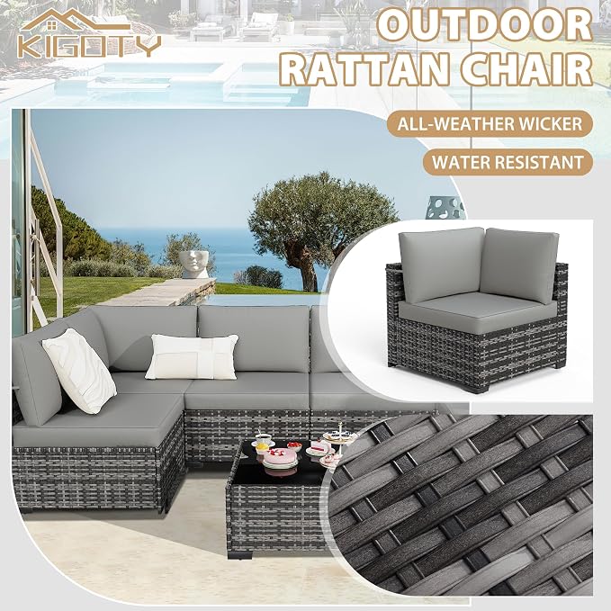 KIGOTY Patio Furniture Set,7 Pieces Modular Outdoor Sectional Sofa, PE Rattan Patio Conversation Set, All Weather Wicker Patio Furniture with Cushions and Coffee Table（Light Grey/Light Grey）