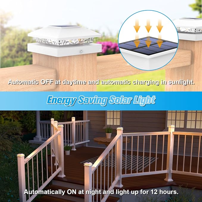 VOLISUN 4x4 Solar Post Cap Light 6pack,Solar Fence - Post Lights Outdoor Waterproof for Wooden/Vinyl Post,White Deck Post Cap Light Solar Powered with Warm White for Garden/Patio/Porch