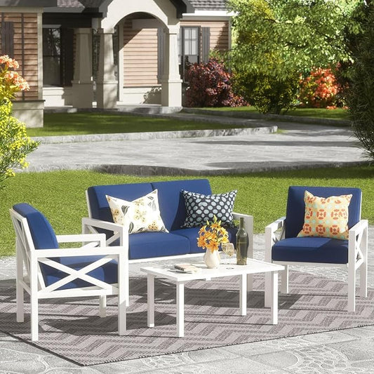 4-Piece Outdoor Patio Furniture Set, Metal Sectional Sofa with Cushions and Coffee Table, Patio Conversation Set for Balcony Garden Outdoor Seating(Blue)