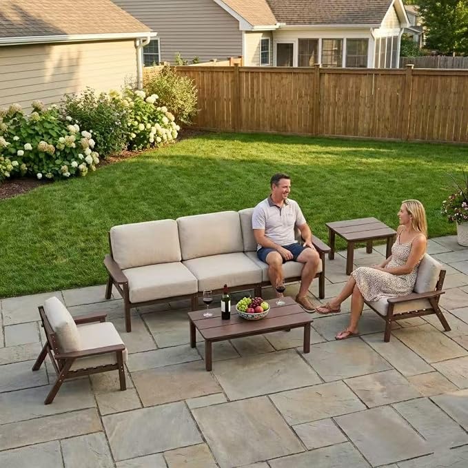 Kingdura HDPE Patio Furniture Set, 3 Piece Outdoor Sectional Sofa with Coffee Table, All Weather Outdoor Couch Conversation Set with Washable Cushions for Backyard Poolside Balcony